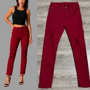 Bomb Shell Women Red Skinny Distressed Stretchy Mid Rise Jeans Size 7/8 Cotton‎